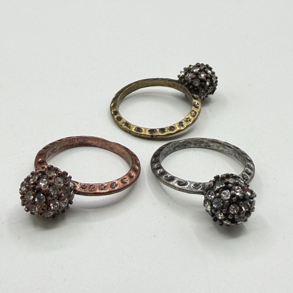 Set of 3 Mixed Metal Rhinestone Sphere Rings Hammered Boho Statement Jewelry